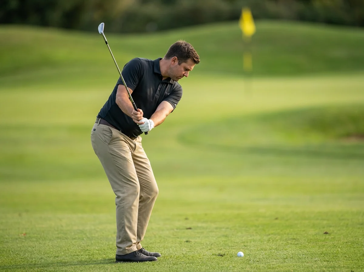 Golfer executing a short pitch shot near the green